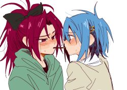  2girls black_bow blue_eyes blue_hair blush bow brown_shirt commentary ear_blush food green_hoodie hair_bow hair_ornament hairclip highres hood hoodie long_hair mahou_shoujo_madoka_magica mahou_shoujo_madoka_magica_(anime) meganeee31 miki_sayaka mitakihara_school_uniform multiple_girls pocky pocky_kiss ponytail red_eyes red_hair sakura_kyoko school_uniform shirt short_hair simple_background sweatdrop white_background yuri 