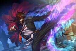  1boy beard black_jacket black_pants brown_hair colored_smoke commentary_request facial_hair fence guilty_gear highres jacket kicking long_sleeves male_focus mature_male mustache necktie pants red_necktie shirt slayer_(guilty_gear) smoke smoking smoking_pipe smoking_pipe_in_mouth solo suzuki_rui white_shirt 