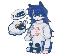 1girl :3 ? animal_ears black_skirt blue_eyes blue_hair book doremy_sweet highres holding holding_book l_fzxxxx long_hair long_sleeves missing_headwear open_mouth sheep shirt simple_background skirt smile solo spoken_object spoken_question_mark tapir_ears touhou white_background white_shirt 