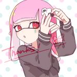  1girl :o black_serafuku commentary_request eyelashes hair_ornament hairclip inkling inkling_girl inuowour medium_hair pink_hair pointy_ears polka_dot polka_dot_background red_eyes school_uniform serafuku simple_background solo splatoon_(series) teardrop_facial_mark upper_body white_background 