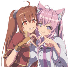  2girls ahoge animal_ear_fluff animal_ears antenna_hair braid breast_pocket breasts brown_gloves brown_hair chiharu_(9654784) closed_mouth commentary_request cropped_jacket crossover crown_braid double-parted_bangs eiyuu_densetsu estelle_bright fingerless_gloves gloves grin hair_between_eyes hakui_koyori heart heart_hands heart_hands_duo high_collar highres hololive holox jacket light_blush long_hair long_sleeves looking_at_viewer medium_breasts multiple_girls necktie open_clothes open_jacket pink_hair pink_necktie pocket pocket_watch red_eyes red_jacket shirt short_sleeves side-by-side sidelocks simple_background smile solo sora_no_kiseki twintails upper_body violet_eyes virtual_youtuber watch white_background white_jacket white_shirt wide_sleeves wolf_ears wolf_girl 