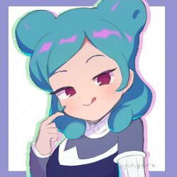  1girl :q aqua_hair artist_name beta_(inazuma_eleven) blush bodysuit border breasts closed_mouth commentary drop_shadow grey_bodysuit highres inazuma_eleven_(series) inazuma_eleven_go inazuma_eleven_go_chrono_stone long_hair looking_at_viewer medium_breasts no_pupils outside_border pointing pointing_at_self purple_border smile solo tongue tongue_out violet_eyes white_background yomogin_game 