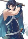  1boy ameno_(a_meno0) arm_tattoo asymmetrical_clothes asymmetrical_sleeves bare_arms belt blue_eyes blue_hair brand_of_the_exalt cape chrom_(fire_emblem) falchion_(fire_emblem) fire_emblem fire_emblem_awakening gloves hair_between_eyes holding holding_sword holding_weapon long_sleeves short_hair solo sword tattoo weapon white_background 