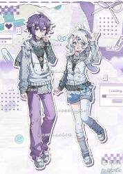  1boy 1girl :d absurdres ahoge amtls androgynous antenna_hair belt bishounen black_belt black_shirt blue_belt blue_eyes blue_shorts blush cameo character_hair_ornament commission flat_chest frilled_shirt frills full_body girly_boy grey_scarf hair_between_eyes hair_ornament hand_up highres hood hoodie jewelry long_hair long_sleeves low_twintails matching_outfits mihuashi_commission mihuashi_logo mihuashi_username mimitchi necklace original pants polka_dot purple_pants scarf shirt short_hair shorts slippers smile socks standing standing_on_one_leg star_(symbol) tamagotchi tamagotchi_(classic) tamagotchi_(virtual_pet) thigh-highs twintails violet_eyes virtual_pet_(toy) watermark waving white_hair white_hoodie white_socks white_thighhighs wishcore yabi_fashion zuccitchi 