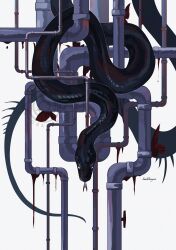  absurdres animal_focus black_scales black_snake bug butterfly commentary_request forked_tongue highres industrial_pipe komododoragonn no_humans original red_butterfly signature snake solo tail tongue very_long_tail white_background 