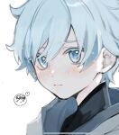  1boy blue_eyes blue_hair blush chongyun_(genshin_impact) close-up closed_mouth emoji genshin_impact hair_between_eyes highres hnnoo hood hood_down hoodie light_blue_hair male_focus portrait profile short_hair simple_background solo white_background white_hoodie 