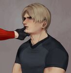  1boy 1girl ada_wong assertive_female black_gloves blonde_hair commentary english_commentary gloves grey_eyes hand_on_another&#039;s_chin highres kiwi_scorner leon_s._kennedy muscular muscular_male resident_evil resident_evil_4 shirt signature t-shirt upper_body 