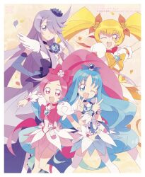  4girls absurdres artist_name belt_bag blonde_hair blue_bow blue_choker blue_dress blue_eyes blue_hair boots bow brooch choker clothing_request commentary cure_blossom cure_marine cure_moonlight cure_sunshine dot_nose double_v dress earrings elbow_gloves eyelashes falling_petals feather_sleeves flower_brooch flower_earrings gloves hair_bow hair_over_one_eye hair_ribbon hanasaki_tsubomi happy heart heart_brooch heart_earrings heartcatch_precure! high_ponytail highres jewelry kurumi_erika long_hair looking_at_viewer magical_girl multiple_girls myoudouin_itsuki one_eye_closed open_mouth orange_choker petals pink_bow pink_choker pink_dress pink_eyes pink_hair ponytail precure puffy_short_sleeves puffy_sleeves purple_choker purple_dress purple_gloves purple_hair qianxia_yell qr_code ribbon short_sleeves skirt spiked_bangs tsukikage_yuri twintails v violet_eyes white_boots white_dress wrist_cuffs x_arms yellow_eyes yellow_ribbon yellow_skirt 