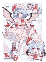  1girl absurdres ascot back_bow bat_wings blue_hair bow closed_mouth collared_shirt commentary_request cup drinking_glass fang frilled_shirt_collar frills full_body hat hat_ribbon highres holding holding_cup medium_hair mob_cap multiple_views pink_hat pink_shirt pink_skirt red_ascot red_bow red_eyes red_shoes red_wrist_cuffs remilia_scarlet ribbon ribbon-trimmed_skirt ribbon_trim shirt shoes skin_fang skirt skirt_set sleeve_bow smile socks t_9m13 touhou white_socks wings wrist_cuffs 