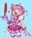 1girl ace_attorney amy_rose artkett1412 balloon blue_background clown_nose cosplay dress frilled_dress frills geiru_toneido_(cosplay) gloves green_eyes hairband heart highres holding holding_balloon looking_at_viewer open_mouth pink_dress pink_gloves rainbow_bracelet rainbow_choker red_hairband simple_background solo sonic_(series) teeth upper_teeth_only