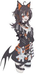  1girl :d ahoge animal_ear_headphones animal_ears arm_belt asymmetrical_legwear asymmetrical_sleeves bare_shoulders bat_wings belt belt_collar black_choker black_hair black_nails black_sweater cat_ear_headphones cat_ears cellphone choker collar commentary_request cowboy_shot cropped_legs cross-laced_clothes cross-laced_dress eyeball_hair_ornament fake_animal_ears headphones highres holding holding_phone leg_belt long_sleeves mahou_shoujo_no_majo_saiban multicolored_hair nail_polish off-shoulder_sweater off_shoulder open_mouth orange_eyes orange_nails orange_streaks pantyhose phone rune_(ru-nn) sawatari_coco sharp_teeth shirt short_hair simple_background single_bare_shoulder single_leg_pantyhose skirt skirt_under_dress skull sleeveless sleeveless_shirt slit_pupils smartphone smile solo streaked_hair striped_clothes striped_pantyhose striped_sleeves stuffed_animal stuffed_cat stuffed_toy sweater teeth upper_teeth_only white_background white_shirt white_skirt wings 