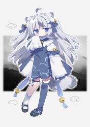  1girl :o ahoge animal_ear_fluff animal_ears asymmetrical_legwear bell black_shoes blue_dress blue_eyes blue_thighhighs blush commentary commission dress full_body grey_hair hair_bell hair_ornament highres jingle_bell layered_sleeves long_hair long_sleeves nakkar original parted_lips puffy_short_sleeves puffy_sleeves shoes short_over_long_sleeves short_sleeves single_sock single_thighhigh skeb_commission sleeves_past_fingers sleeves_past_wrists socks solo standing tail thigh-highs twitter_username two_side_up very_long_hair white_socks 