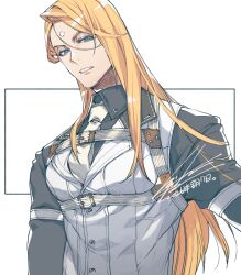  1boy 2026 black_shirt blonde_hair blue_eyes chest_harness collared_shirt commentary_request dated final_fantasy final_fantasy_xiv forehead_jewel harness hiryuu_(kugelcruor) korean_commentary long_hair looking_at_viewer male_focus neckerchief parted_lips shirt signature solo straight_hair swept_bangs teeth upper_body veil white_background white_neckerchief white_veil zenos_yae_galvus 
