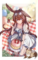  1girl absurdres animal_ears arknights balloon bare_shoulders blue_dress blush border brown_hair cake candle chinese_commentary closed_mouth collarbone commentary_request creature crossed_bangs dress eyewear_on_head food fork fruit full_body hair_between_eyes highres holding holding_fork long_hair looking_at_viewer multicolored_hair one_ear_down outside_border picnic picnic_blanket plate purple_streaks ray_(arknights) round_eyewear smile solo strawberry streaked_hair violet_eyes white_border white_dress zerosama_(sailuojiang) 