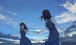  2girls ^_^ arm_at_side blue_sky bow bowtie breasts brown_hair closed_eyes clouds collared_shirt cowboy_shot day facing_another facing_to_the_side floating_hair from_below grey_skirt grey_vest grin happy highres holding_hands long_hair long_sleeves medium_hair multiple_girls original outstretched_arms pleated_skirt school_uniform shirt skirt sky smile solo spread_arms twilight vest white_shirt yellow_bow yellow_bowtie yuribou 