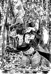  2girls belt breasts brother-tico claws clenched_teeth collarbone denim fangs frog grin jeans large_breasts lily_pad looking_at_another medium_hair monochrome monster_girl multiple_girls navel original outdoors pants plant plant_girl samantha_valentine_(brother-tico) smile sports_bra tail teeth tree wading water werewolf wetland 