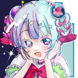  1girl blush bow bowtie braid commentary_request dreamy_chelsea dress frilled_dress frills hair_ornament highres looking_at_viewer magical_girl mahou_shoujo_ikusei_keikaku mahou_shoujo_ikusei_keikaku_breakdown malu_661 multicolored_eyes multicolored_hair open_mouth red_bow red_bowtie short_hair smile 