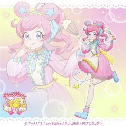  1girl :q ;q ahoge animal_ears apron back_bow blue_bow blue_bowtie blue_shoes bow bowtie commentary_request copyright_logo copyright_notice dress dress_bow fake_animal_ears fake_tail food food_on_face frilled_apron frilled_socks frills full_body hairband holding holding_whisk kiratto_pri_chan logo long_hair momoyama_mirai mouse_ears mouse_tail official_art one_eye_closed pink_dress pink_hair pinstripe_dress pinstripe_pattern ponytail pretty_series shoes sidelocks socks solo standing standing_on_one_leg tail tongue tongue_out violet_eyes whipped_cream whisk white_apron white_socks yellow_bow yellow_hairband zoom_layer 