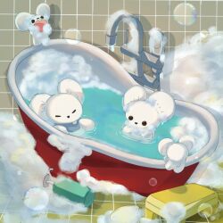  bathtub black_eyes buck_teeth commentary_request highres hituzi_oekaki maushold maushold_(family_of_three) mouse_(animal) no_humans open_mouth pokemon pokemon_(creature) pokemon_focus soap_bubbles solid_circle_eyes teeth water 