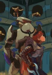  2boys 3others alien armor back-to-back black_pants black_shirt coat combat_helmet dated east-west_crossover energy_gun energy_sword flood_(halo) flood_combat_form halo_(series) halo_2 helmet highres holding holding_energy_gun holding_sword holding_weapon indoors kanokoga multiple_boys multiple_others pants pauldrons plasma_rifle red_coat red_hair rtas'vadum scene_reference science_fiction shirt shoulder_armor signature silver_armor sousou_no_frieren stark_(sousou_no_frieren) sword type-1_energy_sword weapon white_armor white_helmet 
