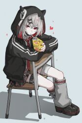  1girl artist_name bandaged_leg bandages black_jacket black_mask black_shoes bug butterfly chair colored_inner_hair commentary crossed_bangs dot_nose drink drink_carton drinking_straw drinking_straw_in_mouth full_body grey_hair grey_skirt hair_between_eyes hair_ornament highres holding holding_drink holding_drink_carton holding_juice_box hood hooded_jacket jacket juice_box leg_belt looking_at_viewer loose_socks mahou_shoujo_no_majo_saiban mask minao_omina multicolored_hair nail_polish necktie official_alternate_costume pleated_skirt red_butterfly red_eyes red_hair red_nails red_necktie shirt shito_alisa shoes short_hair signature simple_background sitting sitting_backwards skirt socks solo twitter_username untranslatable_commentary white_background white_shirt white_socks x_hair_ornament 