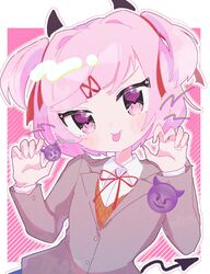  1girl :p anzen_robo_(474zz) blazer blue_skirt doki_doki_literature_club drawn_whiskers emoji highres jacket natsuki_(doki_doki_literature_club) pink_background pink_eyes pink_hair school_uniform shirt short_hair skirt tongue tongue_out twintails twitter_username upper_body white_shirt 