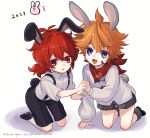 2023 2boys aged_down animal_ears bandage_on_face bandages bare_legs black_footwear black_shorts blue_eyes child diluc_(genshin_impact) genshin_impact hiki_yuichi long_hai multiple_boys open_mouth orange_hair ponytail rabbit_boy rabbit_ears rabbit_tail red_eyes red_scarf redhead scarf shirt shoes shorts smile tail tartaglia_(genshin_impact) white_shirt