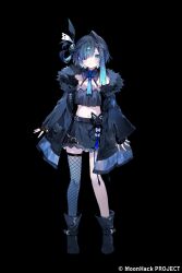  1girl black_background black_boots black_choker black_gloves blue_eyes blue_jacket blue_skirt boots butterfly_ornament choker commentary_request copyright_notice fingerless_gloves fishnet_thighhighs fishnets full_body fur-trimmed_jacket fur_trim gloves gradient_hair hair_over_one_eye jacket looking_at_viewer midriff moonhack multicolored_hair noyu_(noyu23386566) official_art second-party_source single_fishnet_legwear single_hair_intake skindentation skirt solo symbol-shaped_pupils tachi-e thigh-highs tsukuyomi_kaguya_(moonhack) 