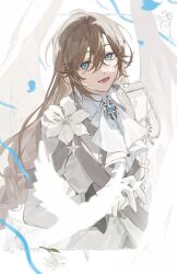  1boy ascot bird blue_eyes braid brooch brown_hair collared_shirt commentary_request dove falling_petals flower formal_clothes gem gloves hair_between_eyes hair_ornament highres jacket jewelry kanae_(16th_costume)_(nijisanji) kanae_(nijisanji) lily_(flower) long_hair long_sleeves looking_at_viewer male_focus nijisanji nonoiaza open_mouth petals shirt smile solo upper_body virtual_youtuber white_ascot white_background white_flower white_gloves white_jacket white_shirt white_wings wings 