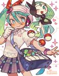  1girl aqua_hair artist_name bag bag_charm beanie blue_eyes blush blush_stickers bow charm_(object) commentary forehead_jewel fukomo gloves green_hair hair_bow hat hatsune_miku headphones heart long_hair meloetta meloetta_(aria) miniskirt music musical_note one_eye_closed open_mouth piano_print plaid plaid_skirt pleated_skirt poke_ball poke_ball_(basic) poke_ball_print pokemon pokemon_(creature) polo_shirt project_voltage psychic_miku_(project_voltage) red_bow shirt shoes shoulder_bag single_glove skirt smartwatch smile sneakers sparkle twintails unown unown_m vocaloid watch watch white_gloves white_shirt 