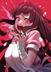  1girl absurdres apron bandaged_arm bandages breasts brown_hair commentary_request danganronpa_(series) danganronpa_2:_goodbye_despair highres hukahito long_hair looking_at_viewer mole mole_under_eye open_mouth pill red_background red_eyes short_sleeves simple_background solo tearing_up tsumiki_mikan upper_body white_apron 
