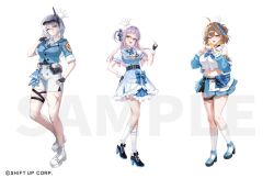  3girls absurdres ahoge anis_(nikke) belt black_gloves blonde_hair blue_jacket bow bowtie choker collared_shirt commentary_request copyright_notice crop_top dog_tags dress earrings fingerless_gloves frilled_dress frills full_body gloves goddess_of_victory:_nikke grey_hair heart heart_hands high-waist_shorts high_heels highres jacket jewelry kneehighs lawson long_hair looking_at_viewer makeup misyune multiple_girls navel neon_(nikke) official_alternate_costume official_alternate_hairstyle official_art one_side_up over-rim_eyewear red-framed_eyewear sample_watermark scar scar_on_leg semi-rimless_eyewear shirt shoes short_hair shorts single_earring skindentation sleeves_rolled_up smile snow_white_(nikke) socks thigh_belt thigh_strap visor_lift watermark white_background white_hair white_shirt white_shorts white_socks 