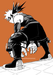  1boy bakugou_katsuki belt boku_no_hero_academia boots bowlegged_pose brown_background commentary detached_sleeves dkyoudai explosive eye_mask from_behind from_below from_side full_body gloves grenade greyscale_with_colored_background hatching_(texture) headgear highres horikoshi_kouhei_(style) knee_boots knee_pads leaning_forward linear_hatching looking_ahead male_focus mask official_style pants pants_tucked_in parted_lips perspective profile sanpaku short_hair simple_background solo spiky_hair standing tile_floor tiles twitter_username wrist_guards 