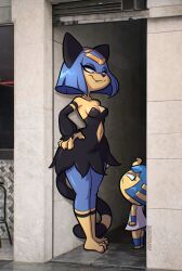  2girls alley animal_crossing animal_ears ankha_(animal_crossing) black_fur blue_fur blue_hair breasts cat_ears cat_girl cat_tail commentary crossover dress english_commentary furry furry_female going_to_colombia_for_the_food_and_culture_(meme) height_difference highres medium_breasts meme multicolored_fur multiple_girls navel pal_(creature) palworld psicoyote red_eyes sekhmet_(palworld) sleeveless sleeveless_dress tail white_dress yellow_fur 