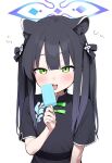 1girl animal_ear_fluff animal_ears artist_request black_dress black_hair blue_archive blue_halo china_dress chinese_clothes dress eating extra_ears food food_in_mouth green_eyes halo highres holding holding_food holding_popsicle loli melting popsicle sexually_suggestive shun_(blue_archive) shun_(small)_(blue_archive) tiger_ears tiger_girl tongue tongue_out twintails 