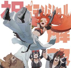  2boys 2girls absurdres animal_ear_hairband animal_ears anton_ivanov asymmetrical_gloves bear_boy bear_ear_hairband bear_ears ben_bigger black_hair black_sports_bra breasts brown_fur chain chain_necklace coat commentary_request crop_top eyepatch fake_animal_ears fingerless_gloves flame_print furry furry_male gloves goggles goggles_on_head grace_howard hair_ornament hairband headband highres jewelry jumpsuit jumpsuit_around_waist koleda_belobog large_breasts multiple_boys multiple_girls necklace panties red_hair shinarika396 smile sphere_hair_ornament spiky_hair sports_bra striped_headband underwear uneven_gloves white_coat white_panties yellow_headband zenless_zone_zero 