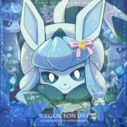  anniversary blue_eyes blue_theme bow bright_pupils clara_towa commentary_request dated glaceon indoors looking_at_viewer lying no_humans pokemon pokemon_(creature) pokemon_card smile solo sparkle sticker stuffed_toy white_pupils 