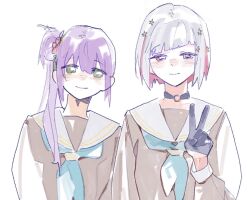  2girls aqua_neckerchief black_choker black_gloves blush bob_cut brown_dress choker closed_mouth colored_inner_hair commentary diagonal_bangs dress flower gloves green_eyes hair_bun hair_flower hair_ornament half_gloves hasu_no_sora_school_uniform inverted_bob long_sleeves love_live! love_live!_hasu_no_sora_jogakuin_school_idol_club multicolored_hair multiple_girls neckerchief nose_blush o-ring o-ring_choker otomune_kozue pipi_(m1x_mix) purple_hair red_eyes red_flower red_hair red_streaks sailor_collar sailor_dress school_uniform short_hair side_ponytail sidelocks simple_background single_side_bun smile streaked_hair tassel tassel_hair_ornament untranslatable_commentary upper_body v virtual_youtuber white_background white_hair white_sailor_collar winter_uniform yugiri_tsuzuri 