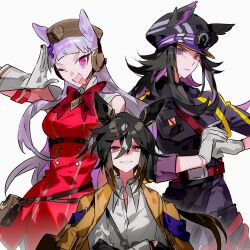  3girls animal_ears armband black_gloves black_hair blunt_bangs bow bowtie brown_eyes closed_mouth collared_shirt crossed_arms dress ears_through_headwear fenomeno_(umamusume) genderswap gloves gold_ship_(umamusume) grin hair_between_eyes hat highres horse_ears horse_girl jacket jacket_on_shoulders long_hair long_sleeves looking_at_viewer multicolored_hair multiple_girls one_eye_closed onitwo open_mouth pink_eyes purple_bow purple_hair red_bow red_bowtie red_dress salute shirt simple_background sleeveless smile stay_gold_(umamusume) umamusume violet_eyes white_background white_gloves white_shirt 
