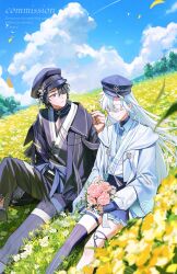  1boy 1girl black_hair black_hat black_pants black_thighhighs blue_gloves blue_necktie blue_sash blue_skirt blurry closed_eyes closed_mouth clouds collared_shirt colored_eyelashes commentary commission day depth_of_field eyepatch field fingerless_gloves flower flower_field gloves hair_between_eyes hand_up hat hat_tassel highres holding holding_flower knee_up long_hair long_sleeves looking_at_another moeul necktie o-ring o-ring_thigh_strap original outdoors pankou pants parted_bangs pink_flower sash shirt short_hair side-by-side simple_bird single_thighhigh sitting skirt skull_ornament smile striped_clothes striped_thighhighs sweater_guard tassel thigh-highs thigh_strap thigh_tassel tree twitter_username vertical-striped_clothes vertical-striped_thighhighs violet_eyes waist_sash white_flower white_hair white_shirt wind yellow_flower 