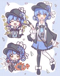  1girl :d absurdres asymmetrical_legwear bag bird_hat_ornament black_bag black_bow black_bowtie black_capelet black_hat black_pantyhose black_shoes blue_hair blue_necktie blue_skirt blush_stickers bow bowtie braid braided_hair_rings capelet collared_shirt commentary_request contrast_collar crossbody_bag deerstalker footwear_bow frilled_skirt frilled_socks frills full_body glass_shards grey_vest hair_bow hair_rings hat hat_bow highres holding kurasesu layered_skirt long_sleeves mahou_shoujo_no_majo_saiban multiple_views necktie open_mouth pantyhose plaid_clothes plaid_skirt shirt shoes short_hair single_leg_pantyhose skirt smile socks tachibana_sherry translation_request unmoving_pattern vest white_bow white_shirt white_socks yellow_eyes 