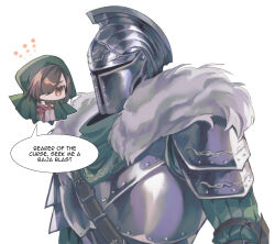  1girl absurdres armor bearer_of_the_curse brown_eyes brown_hair cherryrot chibi cloak commentary dark_souls_(series) dark_souls_ii emerald_herald english_commentary full_armor fur_collar hair_over_one_eye helm helmet highres hood hooded_cloak white_background 