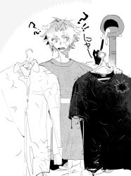  1boy ? clothes_hanger commentary_request facial_hair greyscale highres holding male_focus monochrome open_mouth original qyzhiaiyisheng shirt solo 