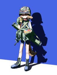  1girl ammunition_pouch animal_collar animal_ears bike_shorts blue_background boots brown_hair burger camouflage collar combat_boots combat_helmet dog_ears dog_girl dog_tags dog_tail eating facing_viewer fingerless_gloves food gloves gun_sling hagetaro1221 helmet highres holding holding_burger holding_food light_blush load-bearing_vest m72_law military military_uniform one_eye_closed original pasgt_helmet pouch red_eyes shadow short_hair soldier solo solo_focus standing tail two-tone_background white_background 