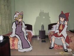  2girls ascot blonde_hair bow brown_hair detached_sleeves different_shadow dress frilled_bow frilled_hair_tubes frills hair_bow hair_tubes hakurei_reimu hat hat_ribbon kiss long_hair mob_cap multiple_girls on_bed photo-referenced photo_background purple_tabard red_bow red_ribbon red_skirt ribbon ribbon-trimmed_sleeves ribbon_trim shadow sitting skirt skirt_set socks tabard touhou very_long_hair white_dress white_hat white_socks yakumo_yukari yellow_ascot yuji_tsukumo yuri 