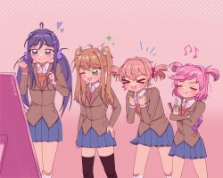  >_< 4girls ahoge alternate_hairstyle black_thighhighs blazer blue_skirt blush bow brown_jacket can closed_eyes closed_mouth collared_shirt comb commentary crossed_arms doki_doki_literature_club doki_doki_literature_club_school_uniform english_commentary eyelashes fang green_eyes hair_bow hair_brush hair_intakes hair_ornament hair_ribbon hair_spray hairclip hand_on_own_hip heart highres holding holding_can holding_comb holding_hair_brush holding_spray_can jacket kneehighs long_hair long_sleeves mirror monika_(doki_doki_literature_club) multiple_girls musical_note natsuki_(doki_doki_literature_club) neck_ribbon notice_lines one_eye_closed open_mouth orange_sweater_vest pink_background pink_hair pink_ribbon popidoru purple_hair red_bow red_ribbon ribbon sayori_(doki_doki_literature_club) school_uniform shirt short_hair sidelocks skirt smile socks split_mouth spray_can sweater_vest thigh-highs twintails twitter_username two_side_up violet_eyes white_bow white_shirt white_socks yuri_(doki_doki_literature_club) 