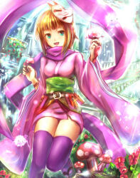  1girl aqua_eyes belt belt_buckle belt_pouch breasts brown_hair buckle commentary_request flower fox_mask green_sash hands_up highres holding holding_mushroom japanese_clothes kesaran_pasaran_(sekaiju) kimono looking_at_viewer mask mushroom obi pink_kimono pouch purple_scarf purple_thighhighs red_flower sakura_ani sandals sash scarf sekaiju_no_meikyuu sekaiju_no_meikyuu_3 shinobi_(sekaiju) shinobi_4_(sekaiju) short_hair small_breasts solo standing standing_on_one_leg thigh-highs 