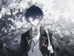  1boy absurdres black_jacket blue_eyes blue_hair bug butterfly butterfly_over_eye chinese_commentary closed_mouth collared_shirt commentary_request gekkoukan_high_school_uniform glowing grey_background hair_over_one_eye highres jacket jia_zhu_zhu long_sleeves looking_at_viewer male_focus neck_ribbon persona persona_3 ribbon school_uniform shirt short_hair smile solo upper_body white_butterfly white_shirt yuuki_makoto_(persona_3) 