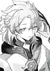  1boy albedo_(genshin_impact) birthmark braid chinese_commentary commentary_request empty_eyes genshin_impact gloves greyscale hair_between_eyes half-closed_eyes half_up_braid hand_on_own_head hand_up highres hood hoodie looking_at_viewer low_ponytail male_focus mandarin_collar monochrome open_mouth ponytail shirt short_hair short_ponytail short_sleeves simple_background solo suyi42478390 two-sided_gloves upper_body 