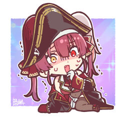  1girl a-ka ankle_boots arrow_through_heart ascot bicorne black_coat black_hat blue_gem boots border breasts brown_leotard chibi chibi_only coat coat_partially_removed commentary_request contrast_lapels cropped_jacket dot_nose double-parted_bangs fang full_body gem gloves gold_trim hair_ribbon hand_on_ground hand_to_own_mouth hat heterochromia hololive houshou_marine houshou_marine_(1st_costume) jacket lapels leaning_forward leotard leotard_under_clothes long_hair medium_breasts miniskirt multicolored_coat no_eyepatch open_mouth outside_border pirate_costume pirate_hat purple_background raised_inner_eyebrows red_ascot red_eyes red_hair red_jacket red_ribbon red_skirt ribbon scared see-through_cleavage see-through_clothes see-through_leotard shaded_face signature sitting skirt sleeveless sleeveless_jacket solo sparkle_background sweatdrop trembling turn_pale twintails two-tone_coat virtual_youtuber white_border white_gloves yellow_eyes 